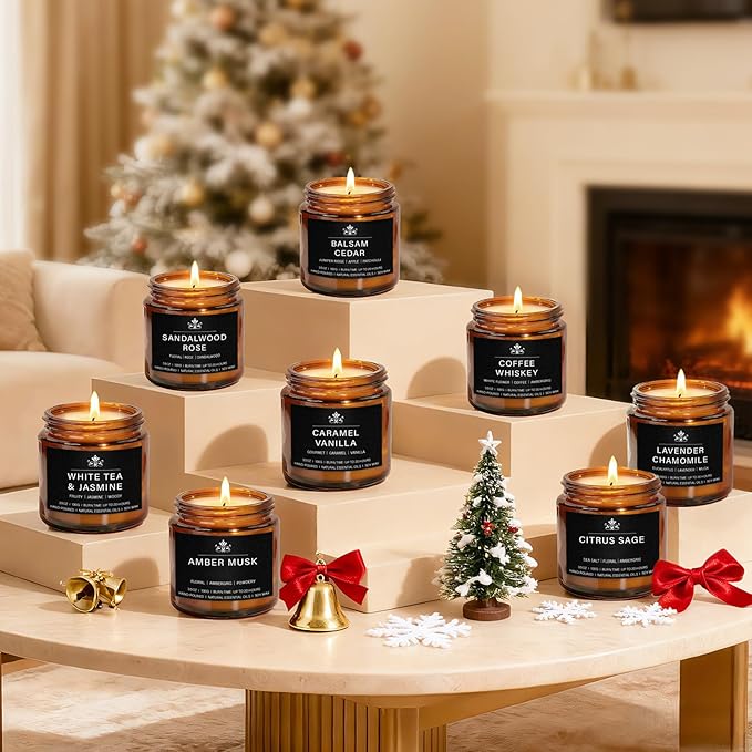 8 Pack Soy Wax Scented Candle Set - Lavender Chamomile, Citrus Sage, Amber Musk, Balsam Cedar, Coffee Whiskey - Long Lasting Aromatherapy Candles, Unisex Home & Gift Set