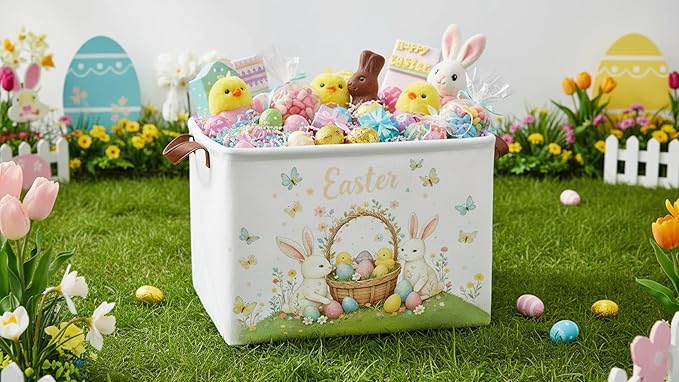 Rectangle Easter Egg Basket,Easter Gift Basket Empty with Handles, Cute Organizer Storage Bin,Books Basket,Room Decor(Green Easter Egg)