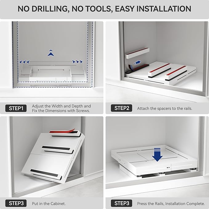 Pull Out Cabinet Organizer With Raising Pad for Framed Cabinets,Adjustable Depth(15.7"-24.4") And Width(12.8"-20.5"),Slide Out Drawers,No Drill Design,Heavy Duty Storing,White
