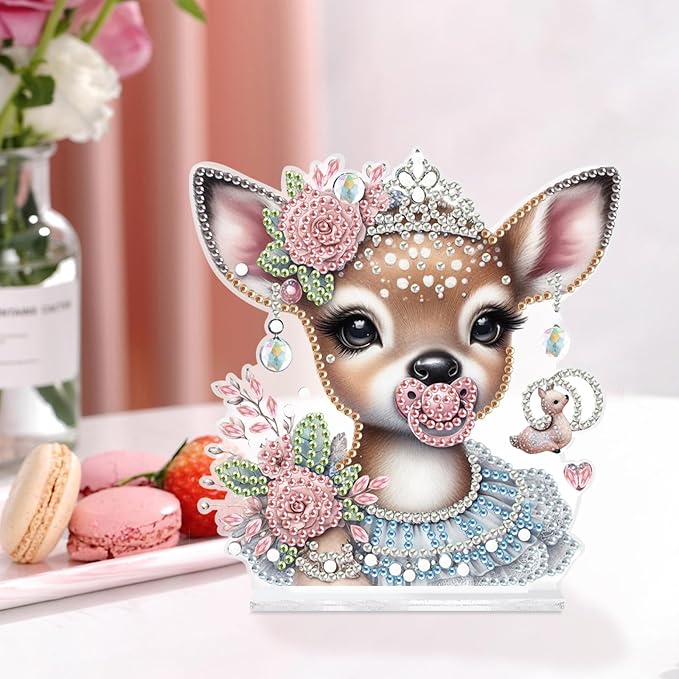 antor DIY Diamond Painting Desktop Ornament Kit, Acrylic Tabletop Diamond Art Decoration, Special Shape Diamond Painting Figurine Ornaments DIY Crafts Gift, Deer with Pink Rose Crown