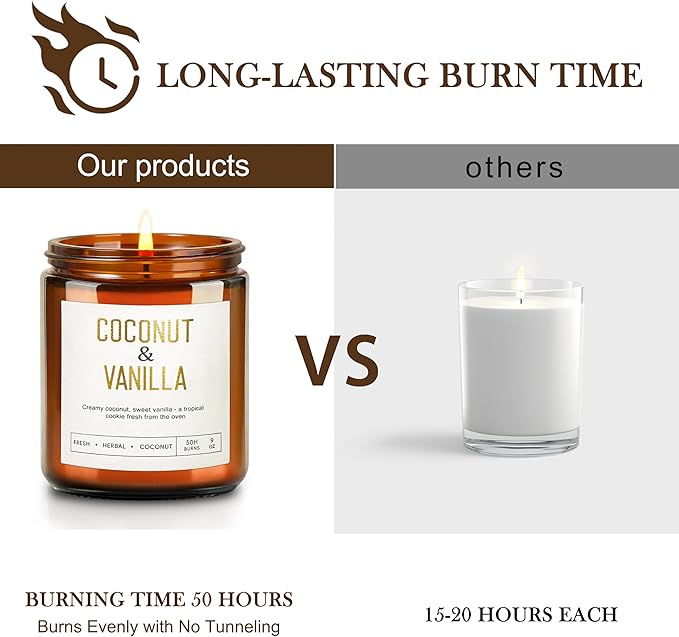 Coconut Vanilla Candles - 9 oz Natural Soy Candles for Home Scented, Long Lasting Soy Wax Aromatherapy Candle Gift Set for Women Spa Relax Stress Relief & Meditation