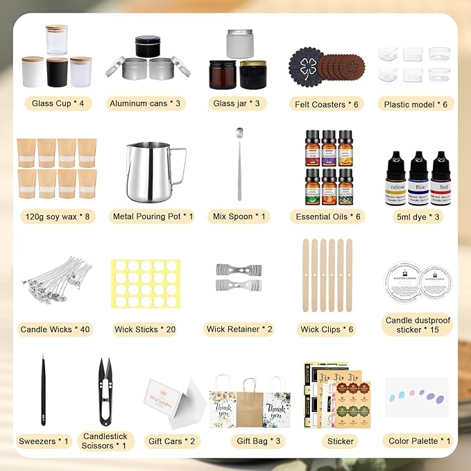 DOPXXBB Complete Candle Making Kit, DIY Candle Making Supplies for Adults, Include Soy Wax, Candle Cups & Tins Candle Wicks & Light Aroma Type Scents, Liquid Dyes & More
