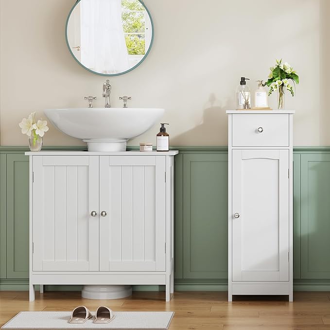Iwell Bathroom Floor Cabinet, Small Bathroom Storage Cabinet with Drawer & Storage Shelf, Free-Standing Organizer Cabinets for Hallway/Living Room, White