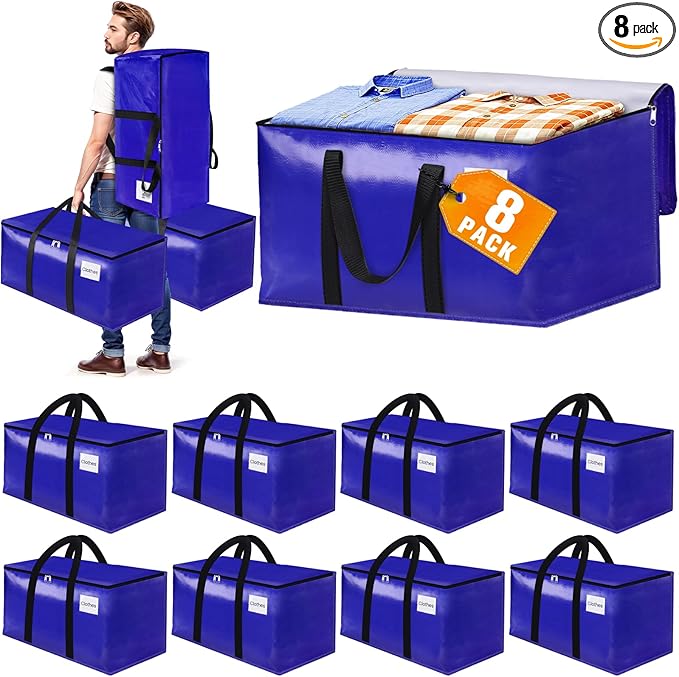 FabSpace 8-Pack Moving Bags with Backpack Straps & Carry Handles, 20 Gallons-76 L Heavy Duty Storage Totes for Space Saving, Foldable Storage Bags for College Dorm, Travel, Camping (Blue)