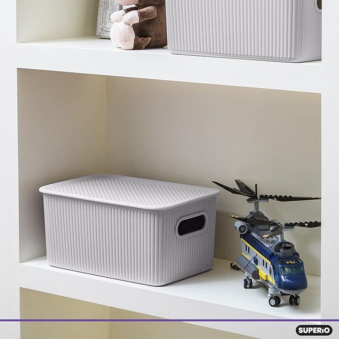 Superio Ribbed Collection - Decorative Plastic Basket Open Home Storage Bins Organizer, Medium White Smoke (1 Pack) Container Boxes for Organizing Closet Storage Bins for Shelves Drawer Shelf 5 Liter