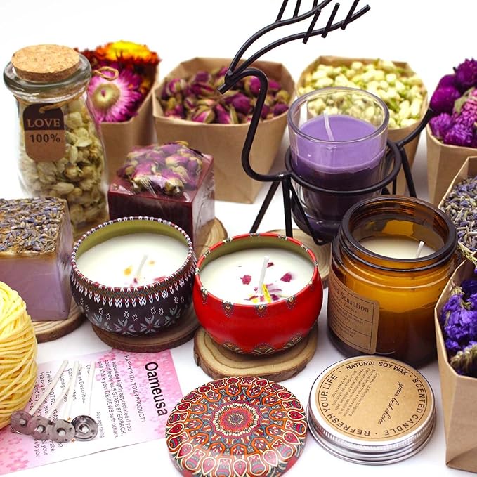 9 Bags Set Dried Flowers Artisan Dried Flower Kit - Candle Making Soap Making DIY Candel Natural Flowers-Lemon,Lavender,Roseleaf,Pink Rose,Red Rose,Jasmine,Rose Petal and More