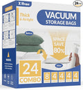 24 Pack Vacuum Storage Bags, Space Saver Vacuum Seal Bags for Clothing, Bedding, Blankets, Comforters,Travel Luggage, Vacuum Compression Bags with Hand Pump (8 Jumbo+4L+4M+4S+4 Roll-up Bags)