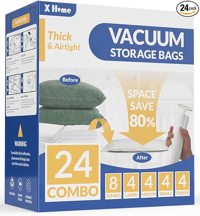24 Pack Vacuum Storage Bags, Space Saver Vacuum Seal Bags for Clothing, Bedding, Blankets, Comforters,Travel Luggage, Vacuum Compression Bags with Hand Pump (8 Jumbo+4L+4M+4S+4 Roll-up Bags)