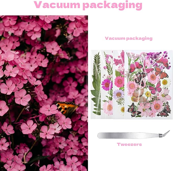 CONVELIFE Dried Flowers for Resin 116Pcs, Pink Real Natural Pressed Flowers with 10 Butterfly Stickers, Dried Leaves kit for Scrapbook Supplies Card Making Resin Jewelry Soap Candle DIY Crafts
