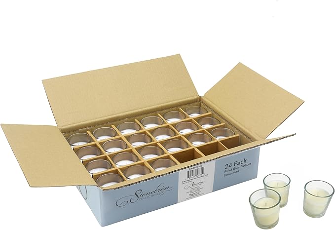 Stonebriar 24 Pack Unscented Long Burning Clear Glass Ivory Wax Filled Votive Candles
