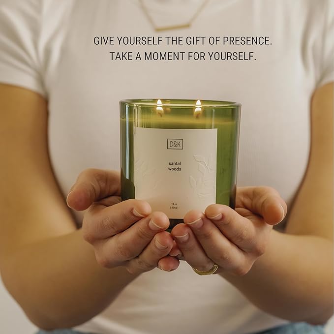 Craft & Kin 12oz Santal Woods Scented Candle for Home | Premium Green Winter Scented Candles for Men | Made with Natural Soy | Gifts for Men and Women | Nature Collection