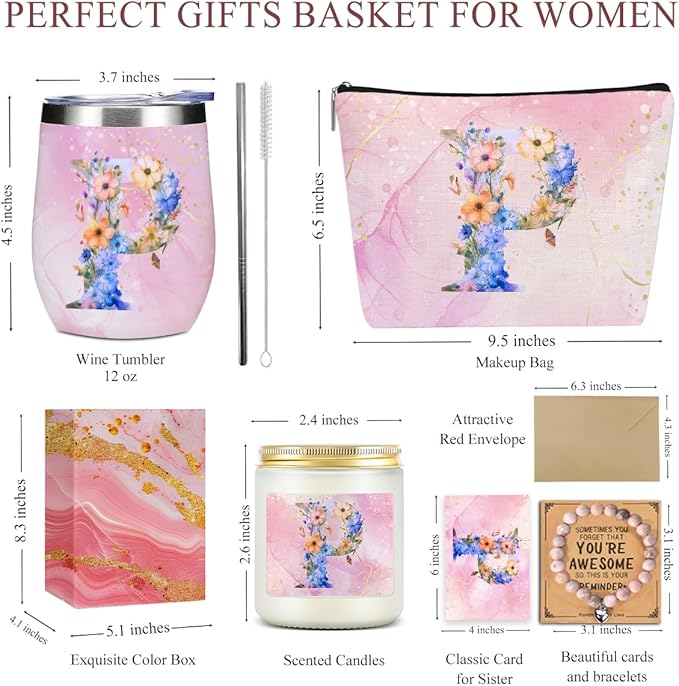 Personalized Gifts for Women Monogrammed Birthday Gifts for Women, Wife Girlfriend Wedding Christmas, Initial Wine Tumbler Makeup Bag Scented Candle Bracelet Set, (Aesthetic Pink Flower P)