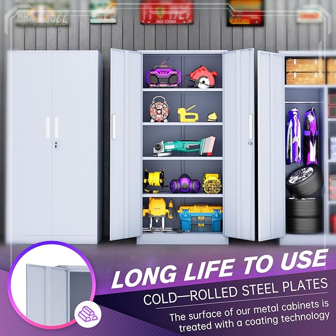 Superday Metal Storage Cabinets, 71" Storage Cabinet with Locking Door, Tall Garage Cabinet with 2 Doors and 4 Adjustable Shelves for Home Office, Classroom, Easy Assemble(Grey)