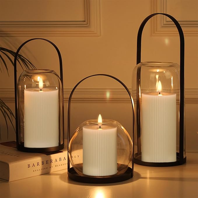 GenSwin Mirror Surface Flameless Candles with Timer, Real Wax LED Pillar Candles Battery Operated with 3D Flame, 3Pcs Stripe Flickering Battery Candles for Christmas Home Decor(Gray, D3” x H5”6”7”)