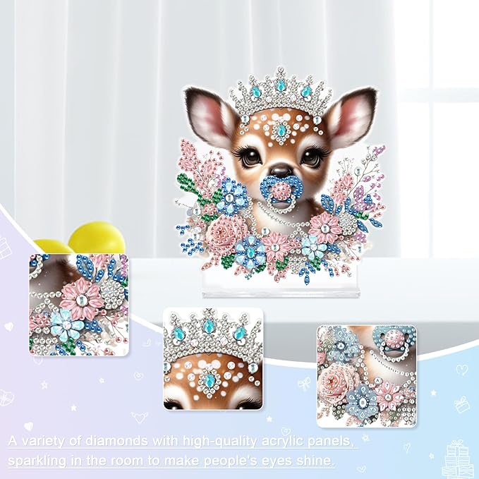 antor Diamond Painting Desktop Ornament Kit, Acrylic Diamond Art Tabletop Decoration, Special Shape Crystal Diamond Painting Desk Figurine Decor DIY Crafts Gift, Deer with Crown
