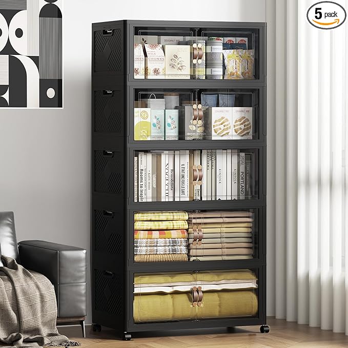 SAILUN 825QT/206Gal Stackable Storage Bins with a Lid, Collapsible Storage Bins With Doors, Folding Cabinet for Home Closet Organization,5 Pack-30 W x 19.7" D x 80.9" H Black