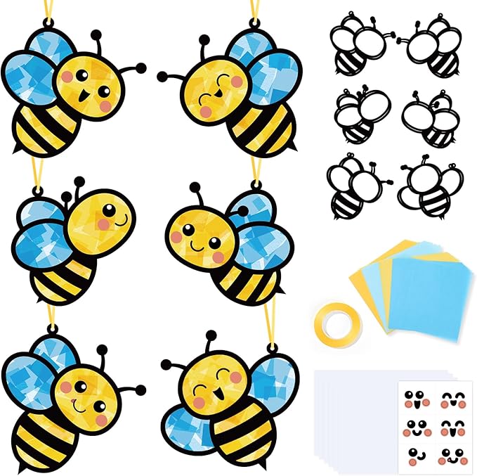 Qyeahkj 36 Set Spring Bee Suncatchers Crafts for Kids DIY Insect Bug Window Tissue Paper Craft Kit Hanging Decor for Classroom Home Activity Art Project Birthday Party Favor