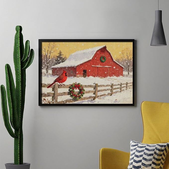 AIVKIEJK Diamond Painting Kits for Adults - Christmas Winter Cardinal, Red Barn Scene Painting DIY 5D Full Drill Diamond Dots Paintings with Diamonds Gem Art and Crafts Home Decor 8"x12"