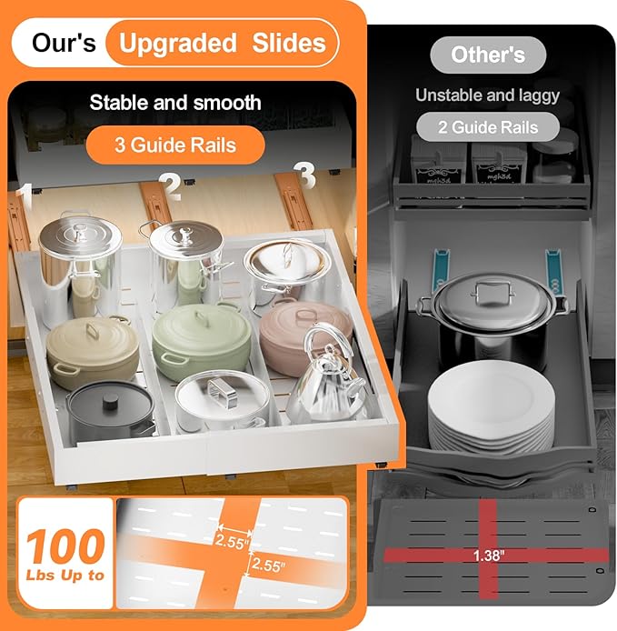 Pull out Cabinet Organizer Expandable W(12"-20") and D(16"-22"), No Drill Adjustable Slide Out Drawers With 3 Slide Rails, 2Pcs Magnetic Panel, Adhesive Roll out Shelves for Kitchen, Cabinets, Pantry