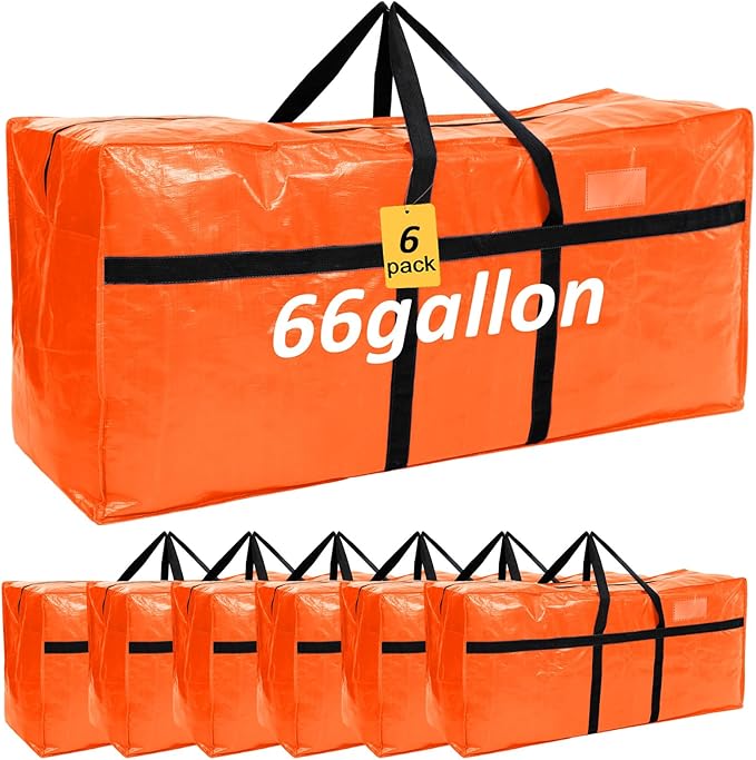 4 Pcs 66 Gallon Extra Large Moving Bags Heavy Duty Storage Bag with Strong Zipper Handle Foldable XXL Jumbo Storage Tote Packing Moving Box for College Dorm Travel Cloth Duffle (Orange)