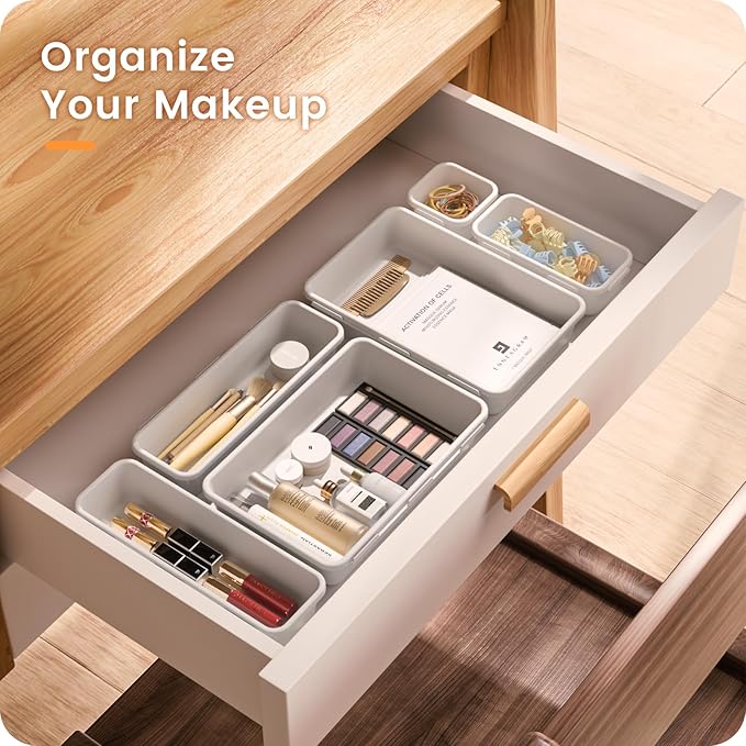 【𝟮𝟴𝗣𝗖𝗦】 【𝟱𝗦𝗶𝘇𝗲】 White Drawer Organizer, Makeup organizer, 【Holds 177 Items】 Bathroom Organizers and Storage, Plastic Desk Organizer Divider, Organizer Bins for Office Vanity A-LUGEI
