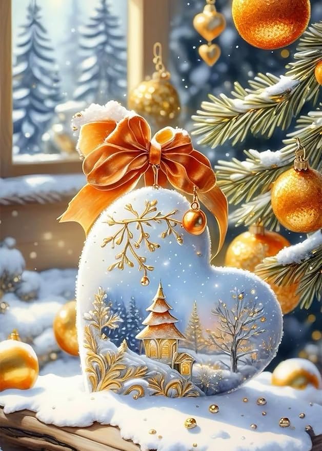 KINPLUB Christmas Diamond Art Kits for Adults Beginners, Christmas Winter Love Heart Diamond Painting Kits for Adults, DIY Full Drill Round Gem Art Dots for Home Wall Decor 12x16 Inch