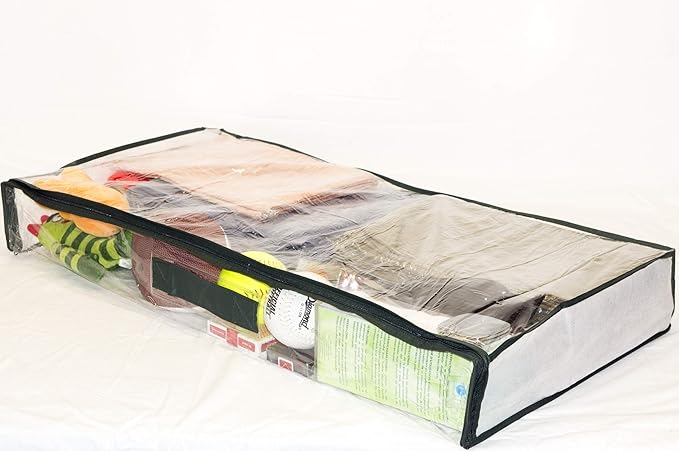 5-Pack Clear Vinyl Zippered Underbed Storage Bags 32 x 16 x 4 Inch with Dark Green Trim, 11 x 14.5 Insert Pocket and Handle