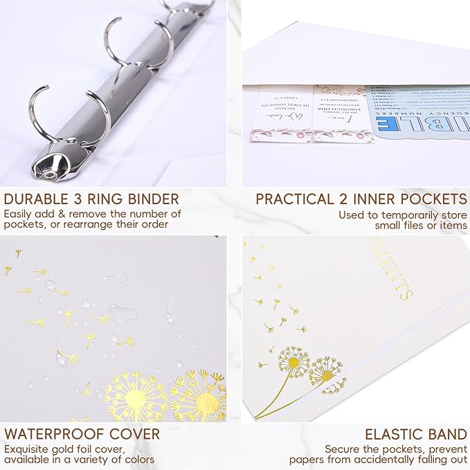 XKDOUS Important Document Organizer, Folio Folders with 9 Pockets, 3-Ring Binder Gold-Foiled Hardcover File Storage Organization Expanding File for 8.5x11 Papers, A4 Documents