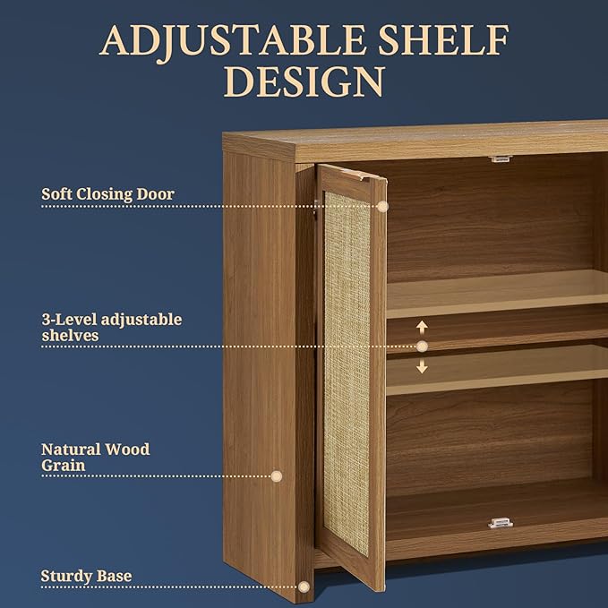 OAKHAM HOME Kitchen Storage Cabinets, Buffet Cabinet with Storage Rattan Sideboard Cabinet Organizer 3 Drawers and 2 Doors Accent Console Table for Kitchen Hallway Living Room bar (Weathered Oak)