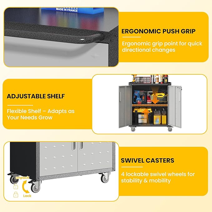 Garage Storage Cabinets with Wheels, Locking Metal Storage Cabinets with Doors and Adjustable Shelves, Easy Assembly Tool Cabinet for Garage, Basement,Warehouse