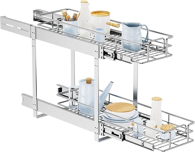LOVMOR Individual Pull Out Cabinet Organizer, 2 Tier Slide Out Cabinet Drawers, Pots and Pans Organizer and Storage Pantry Shelf for Kitchen (9" W x 21½" D)