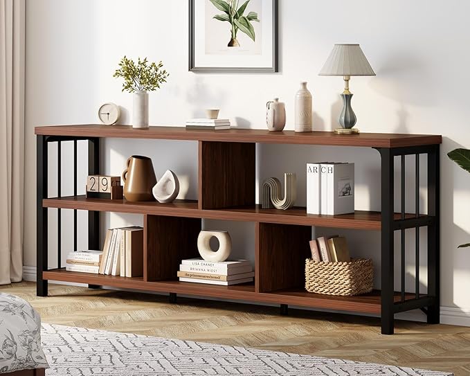 IBF Long Bookshelf, 63” Wide Low Open Book Shelf, Industrial 5 Cube Horizontal Bookcase for Bedroom Home Office, 3 Tier Wood Metal Cubby Storage Organizer Shelf for Living Room, Walnut, 63 Inch