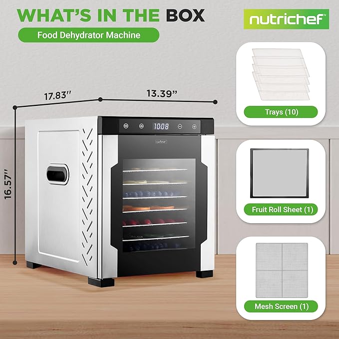 NutriChef Electric Countertop Food Dehydrator-900-Watt Premium Multi-Tier: Save Time v. 600W. Make Jerky, Dried Fruit/Veggies, Dog Treats, Yogurt, 10 Stainless Steel Trays, Digital Timer, Temp Control