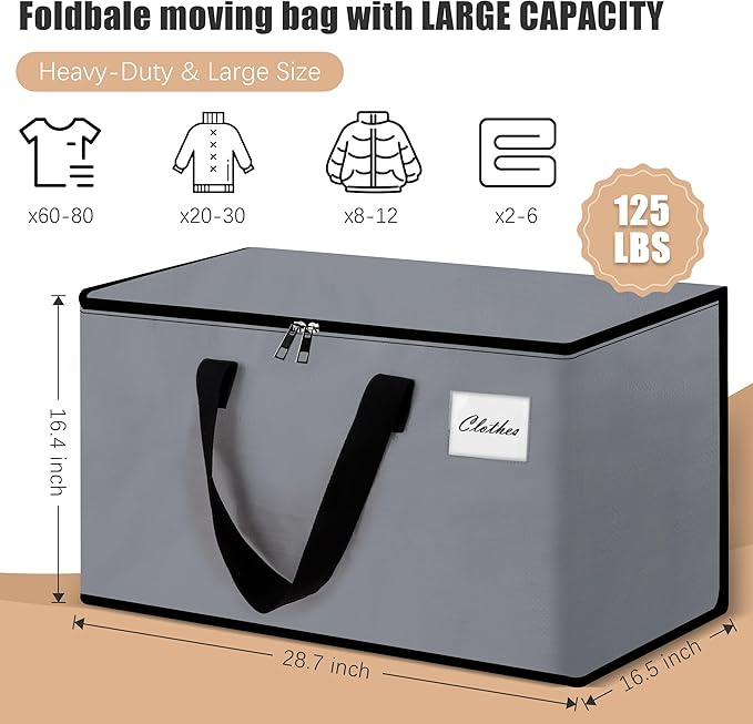 NATURELUX Heavy Duty Moving Bags - Extra Large Packing Bags and Storage Totes, Collapsible and Foldable Option for Moving and Storage, Grey, 125 L - 18 Pack