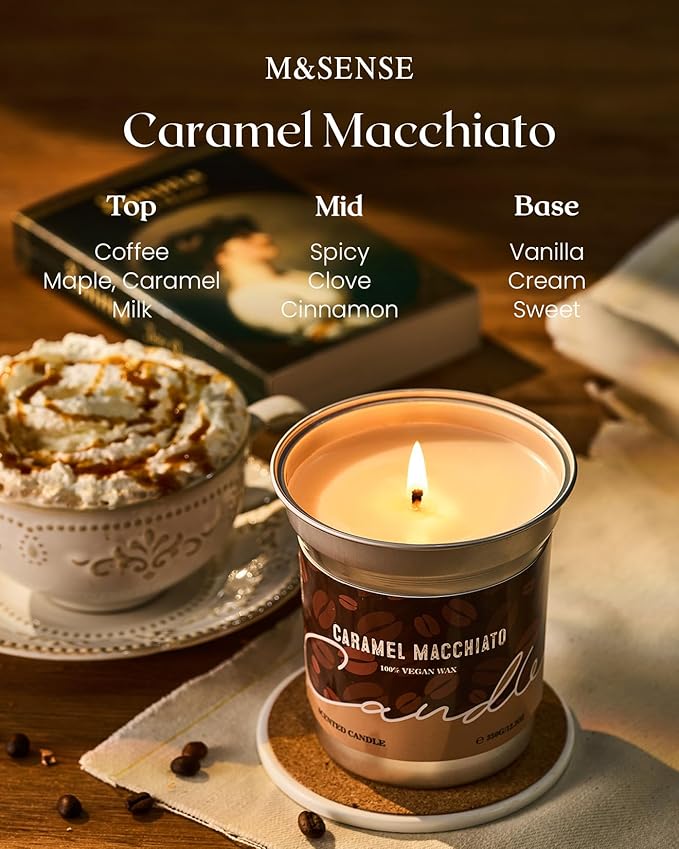 M&SENSE Coffee Candles Caramel Macchiato Scented, Soy Based Wax 7oz 42 Hours Non Toxic Clean Burn, Highly Scented Relaxing Candle for Home, Holiday Aromatherapy Gifts for Coffee Lovers