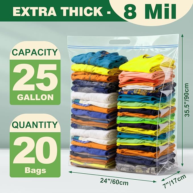 20 PACK 25 Gallon Extra Large Storage Bags, 35.5"x 24"x 7" Resealable Clear Zipper Bags with Handle, Heavy Duty Big Bag for Clothes Pillow Travel Moving, Expandable Bottom, 8 Mil Thick