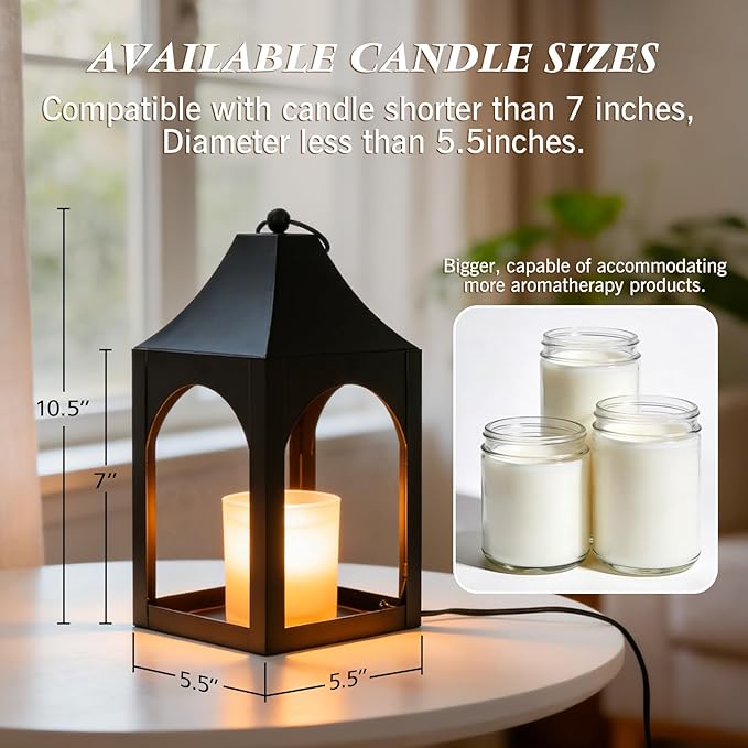 Candle Warmer Lamp with Timer, Dimmable Vintage Lantern for Large Jar Candles, Top-Down Electric Candle Lamp Warmer with 2 Bulbs, Safe for Children & Pets, Hanging Black Home Decor Gift