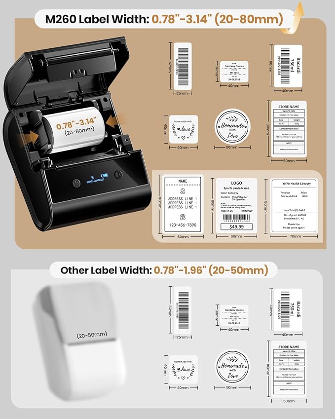 Large Label Maker 3 Inch - M260 Barcode Label Printer, Bluetooth Thermal Machine, Portable Wireless & Inkless for Small Business, Home, Office - Waterproof Label, Compatible with iOS/Android/PC, Black