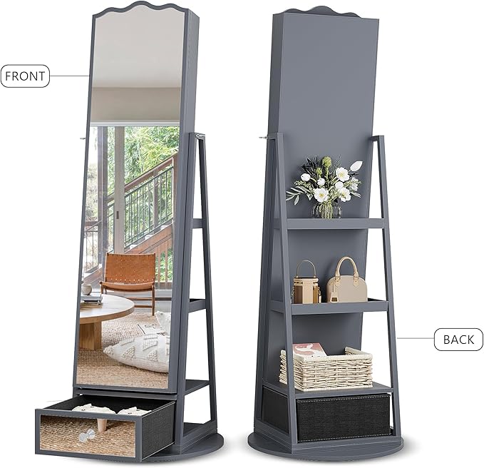 Lvifur 360° Rotating LED Jewelry Armoire w/Full Length Mirror, Large Capacity Jewelry Organizer Armoire w/Lights, Lockable Floor Standing Mirror Cabinet with Storage Shelves for Bedroom, Cloakroom