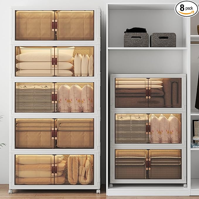 UAMFURI Stackable Storage Bins with Lids, 1440QT Lockable Storage Cabinet, Foldable Storage Box with Doors and Wheels, Plastic Drawers for Home, Garage, Office (8, White, Extra Large)
