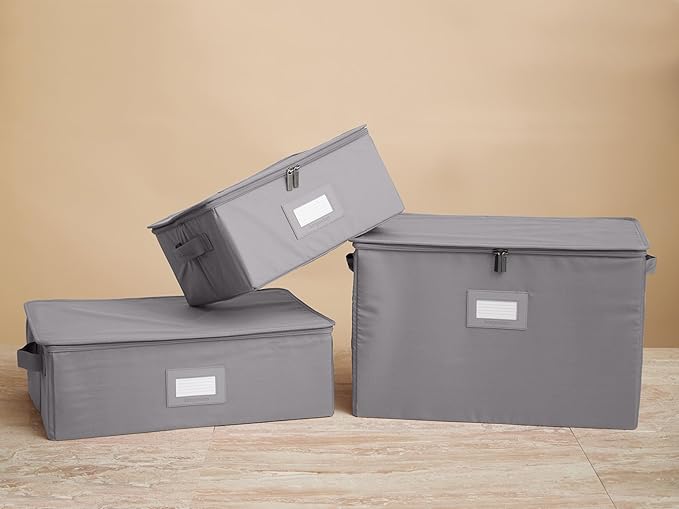 Covermates Cup and Mug Storage Box with Dividers, Stackable Organizer for Coffee Mugs & China Cups, Heavy-Duty Polyester with Handles, Zipper Closure & ID Window, Graphite