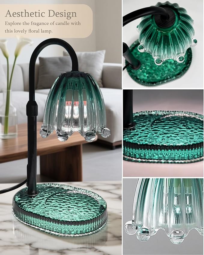 Flower Candle Warmer Lamp with Timer, Vintage Adjustable Glass Warmer Light for Jar Candles, Electric Wax Warming Melter, Gifts for Women Mom, Bedroom Decor (Green-Flower)