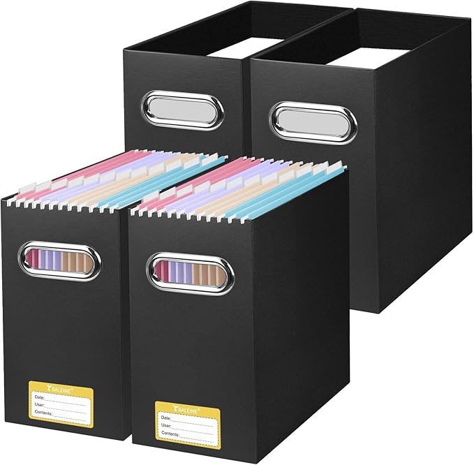 BALEINE File Organizer Box, Cardboard File Folder Organizer with Handle for Letter Size, Portable Collapsible Hanging Filing Box for Home Office Document Storage (4 Pack, Black)