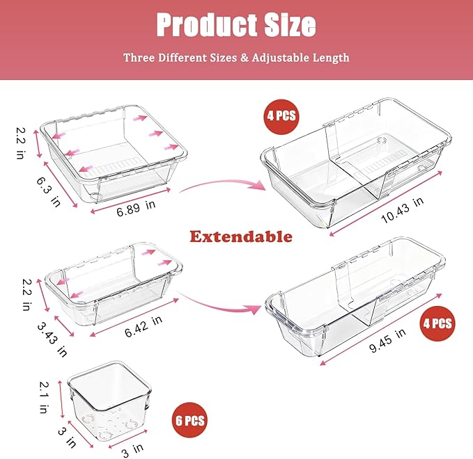 14 PCS Adjustable Clear Drawer Organizer Set - 3-Size Acrylic Storage Boxes for Makeup, Stationery, Kitchen Utensils, Tools & Bedroom Dresser Organization
