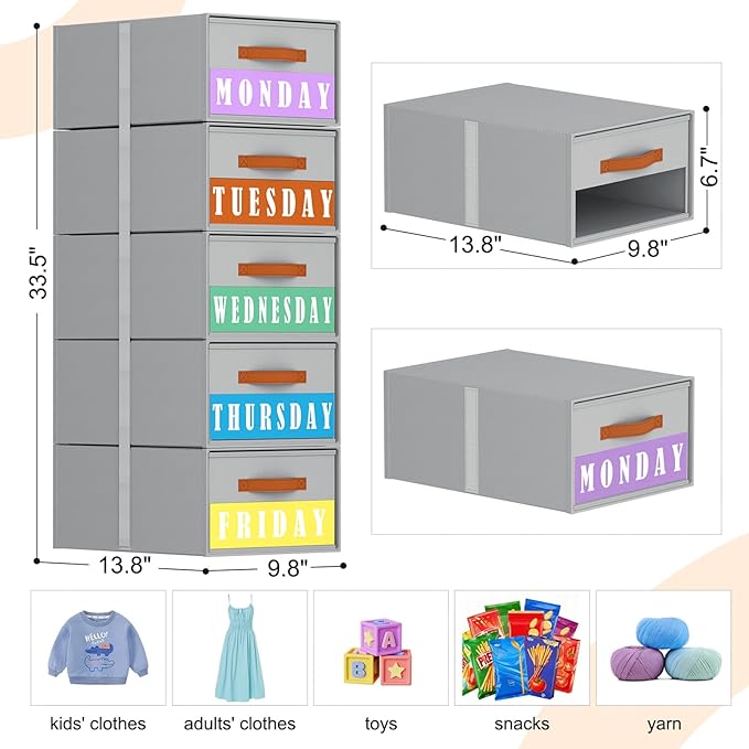 Stackable Storage Drawers - Pull Out Storage Bins with Drawers for Closet Clothes Organizers with Weekly Labels & Clear Window, Closet Shelf Storage for Bedroom, Living Room, 5 Pack, Grey