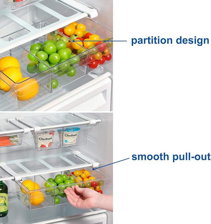 Pull-Out Fridge Drawer Organizer - Under Shelf Storage Bins for Refrigerator Organization for Fruits Vegetables, Cheese & Deli (3.35" Height x 8.66" Width" + dividers)