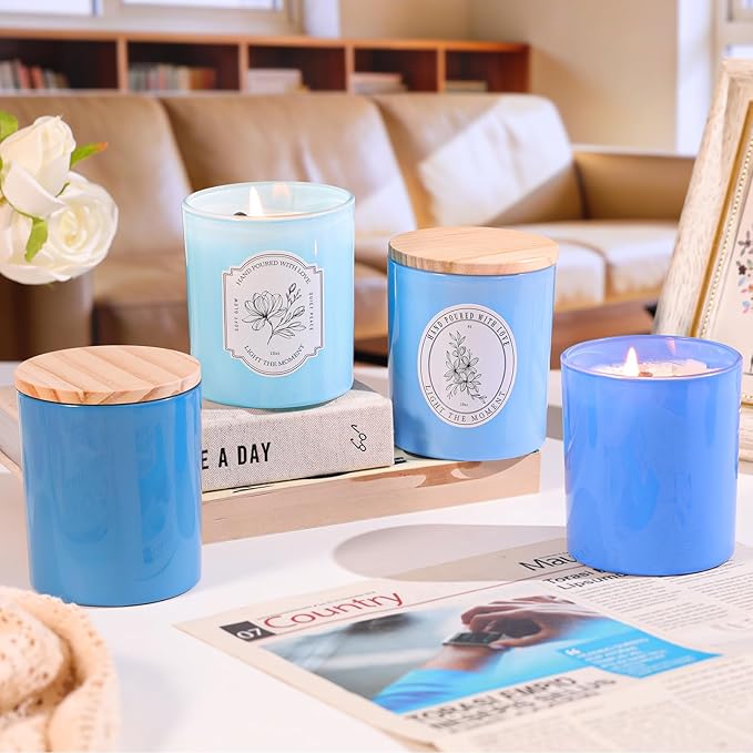 12Pcs Assorted Blue Glass Candle Jars with Wooden Lids for Making Candles, 10 OZ Empty Candle Jars with Labels and 100g Crystal Rocks, Candle Making Supplies Candle Containers for Home DIY & GIFTS