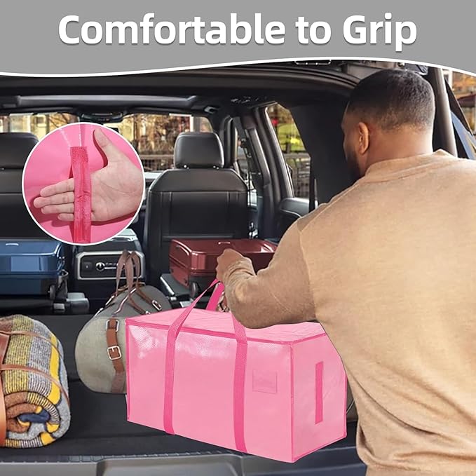 16 Pack-Extra Large Heavy Duty Moving Bags - Waterproof Storage Totes with Handles & Zippers, Foldable for College Dorm, Storage (Pink)
