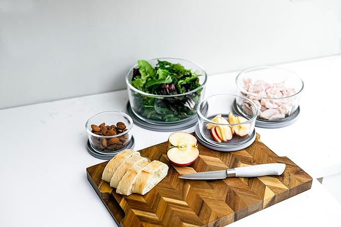 DURA LIVING 16-Piece Glass Food Storage Containers Set (8 Containers + 8 Lids) | Round, Nesting, Microwave & Dishwasher Safe | BPA-Free, Space-Saving | Grey Lids for Pantry & Kitchen Organization