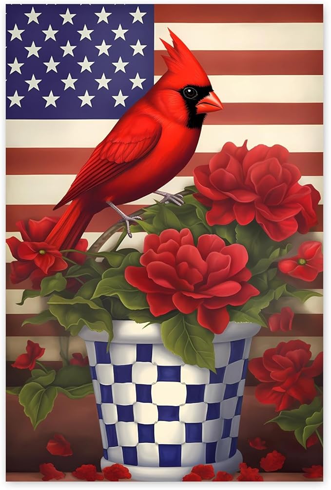 GUAIEUW Flowerpot Red Bird Flag Diamond Painting Kit for Adults, Full Round Diamond Cardinal Bird 5D Diamond Painting DIY Art Crafts for Winter Home Wall Decor Holiday Gift 20x24 Inch
